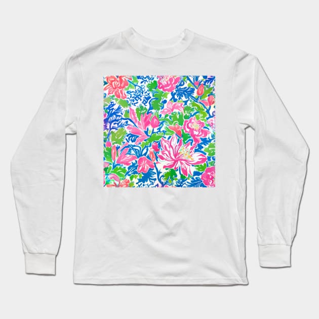 Preppy tiger lilies, peonies and leaves Long Sleeve T-Shirt by SophieClimaArt